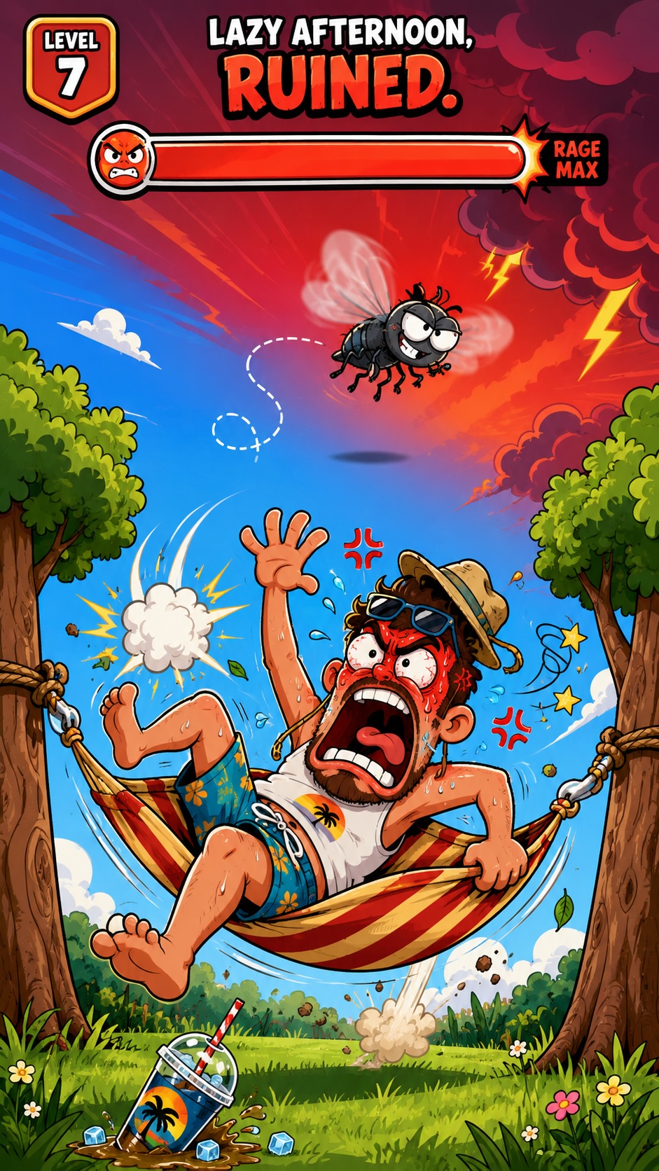 BUZZWICK gameplay: a napping man's lazy afternoon ruined, rage meter at max